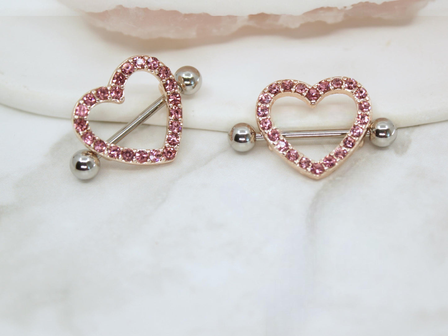 14g Pink Heart Nipple Barbell, Sparkling Gems RoseGold  Heart Nipple Shield Piercing Jewelry,  Set of 2 Nipple Ring Body Piercing Jewelry.