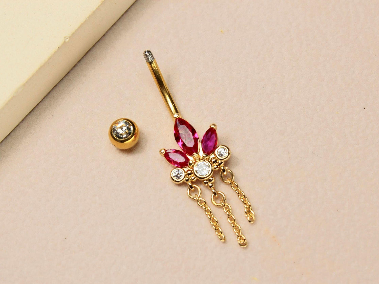 Floral Dangling Belly Button Ring, 14g Dainty Petal Chain Decor Pink Marquise Gemstone Belly Ring Piercing Jewelry, Gold Navel Piercing
