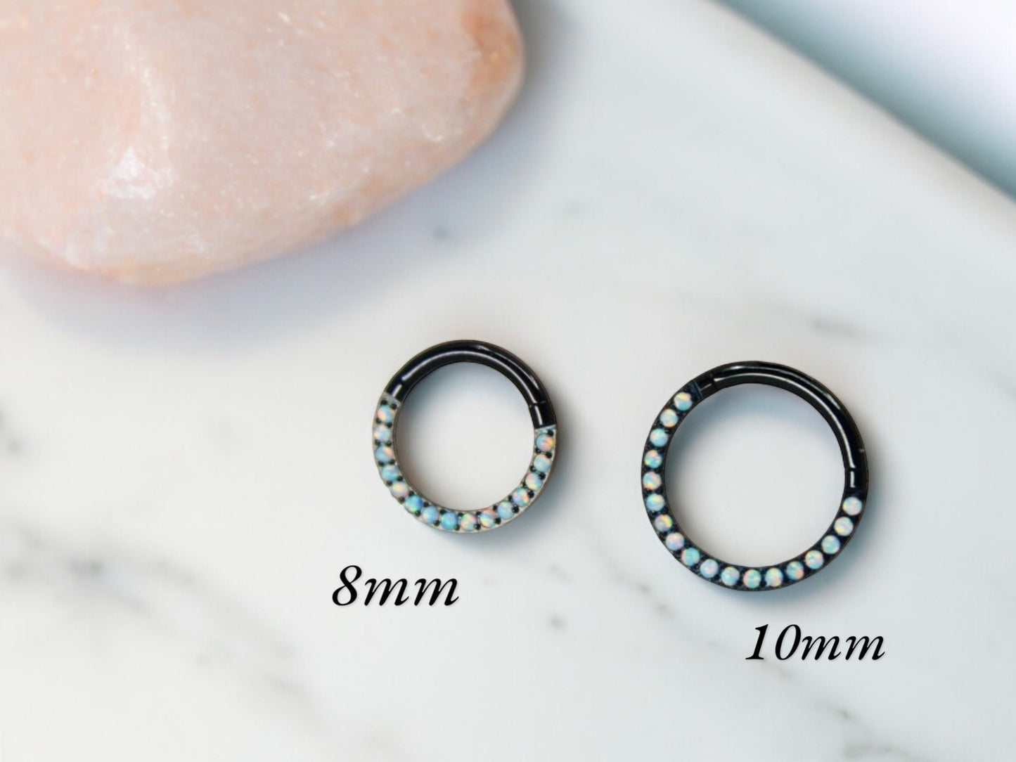 16g White Opal Titanium Septum Piercing Hoop Ring, White Opal Gem Black Hoop Ring, Daith Cartilage Septum Nose Ring Piercing Jewelry