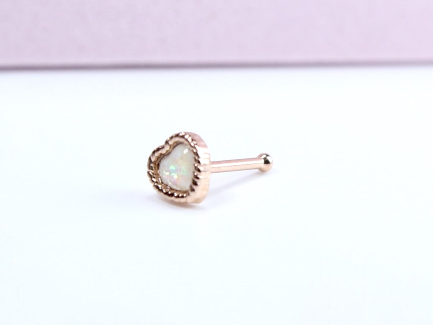 Rose Gold Heart Nose Stud, 20G Dainty White Opal Glitter Nose Bone Stud, Ball End Nose Piercing, Thin Nose Stud,  Nose Ring Jewelry