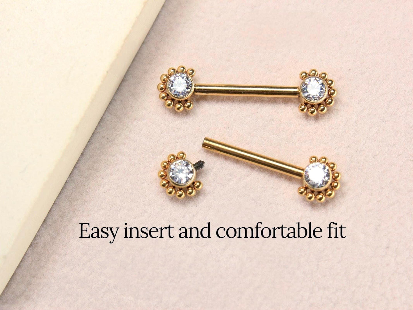 14G Gold Titanium Nipple Barbell, Internally Threaded Beaded Decor CZ Nipple Ring Piercing, Minimalist Body Jewelry
