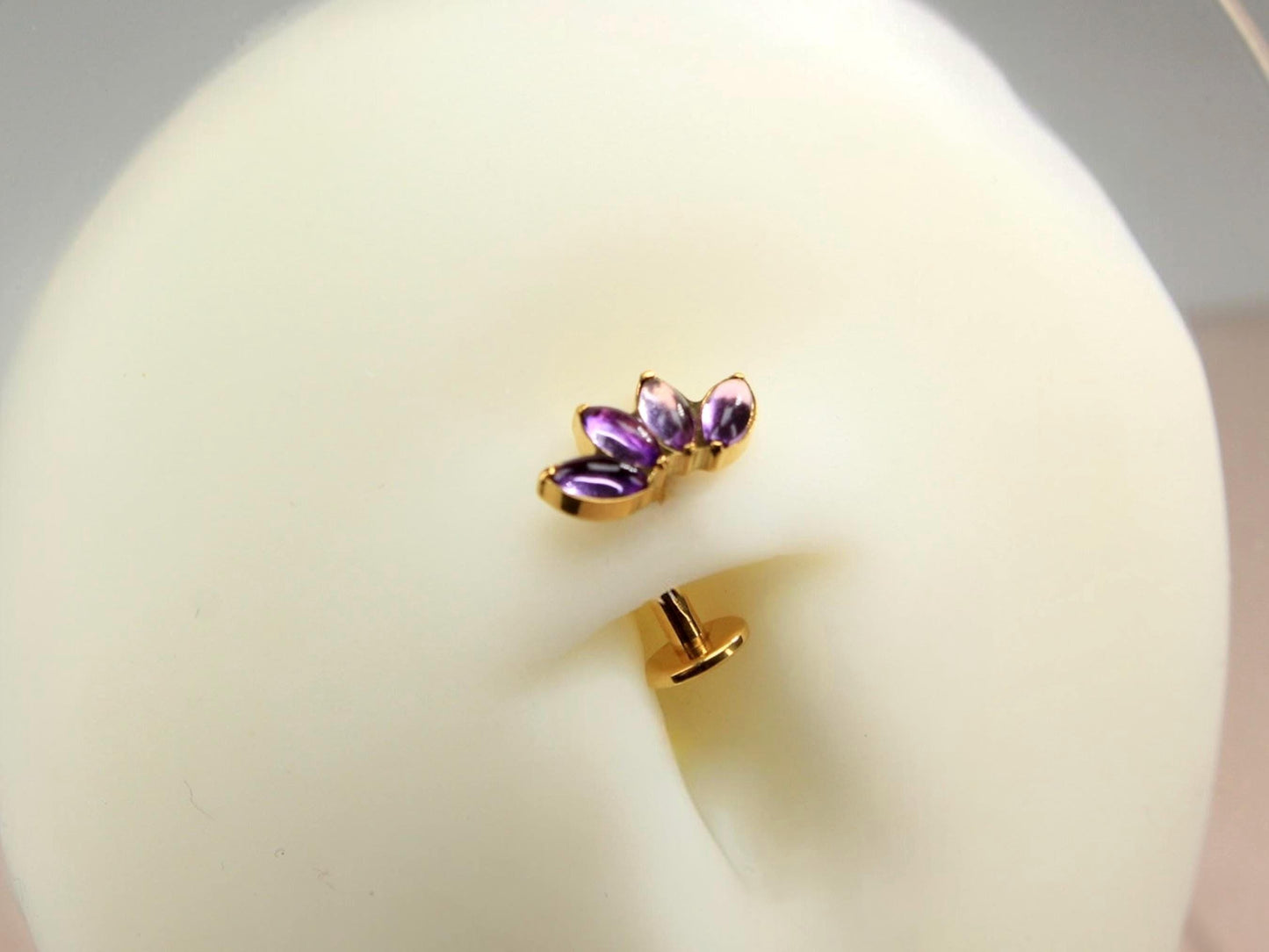14G Titanium Belly Button Ring, Purple Stone Lotus Floral Threadless Push In Belly Ring Piercing, Floating Navel Ring Jewelry
