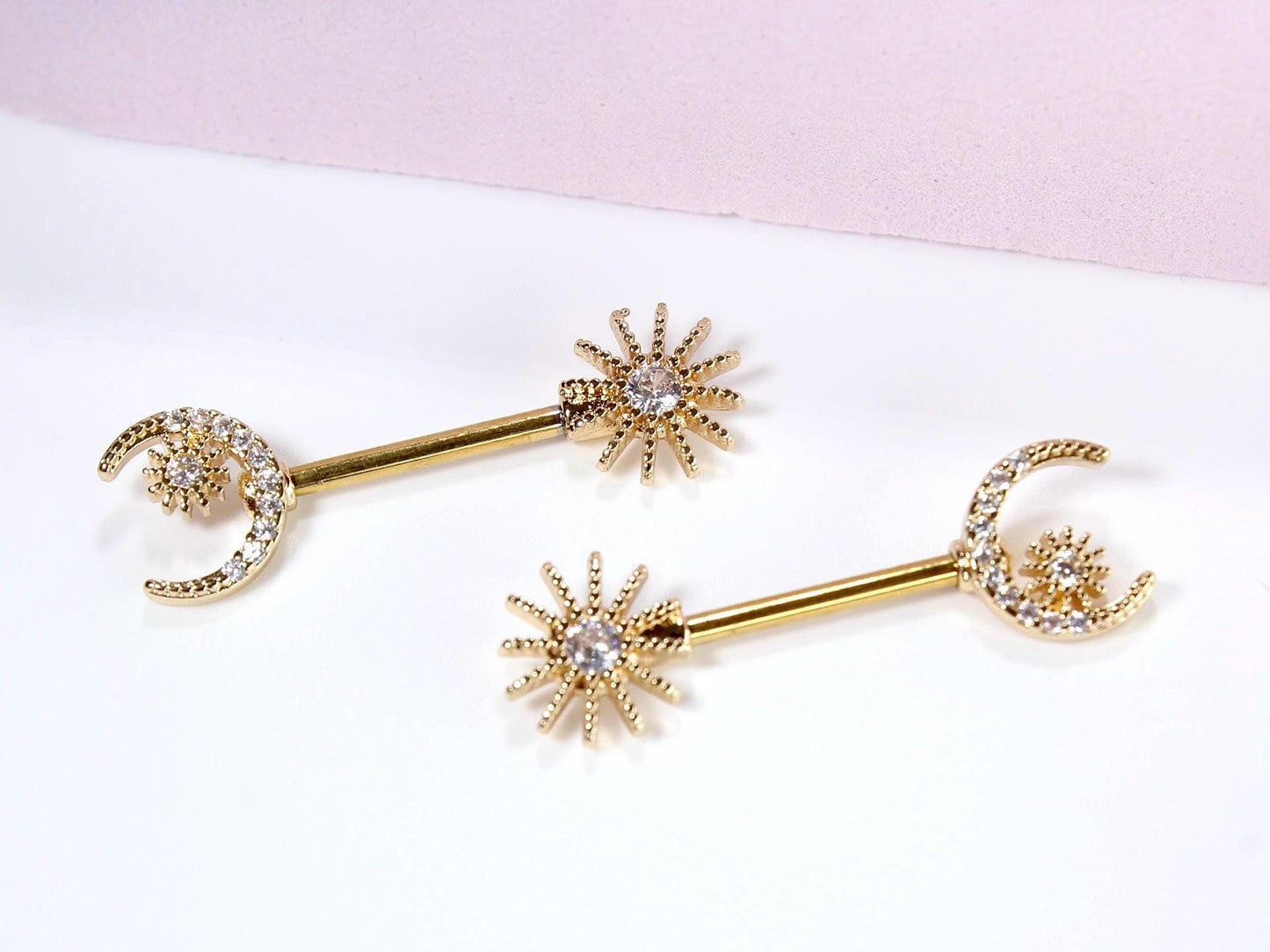 Gold Crescent Moon Nipple Ring, 14g Sparkle Gem Crescent Moon & Sun Nipple Piercing Barbell, Nipple Piercing Jewelry