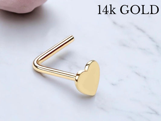 14K Gold Heart Nose Stud, 20G L-Shaped Piercing Jewelry, Minimalist Solid Gold Nose Ring, Thin Nose Gold Nose Stud