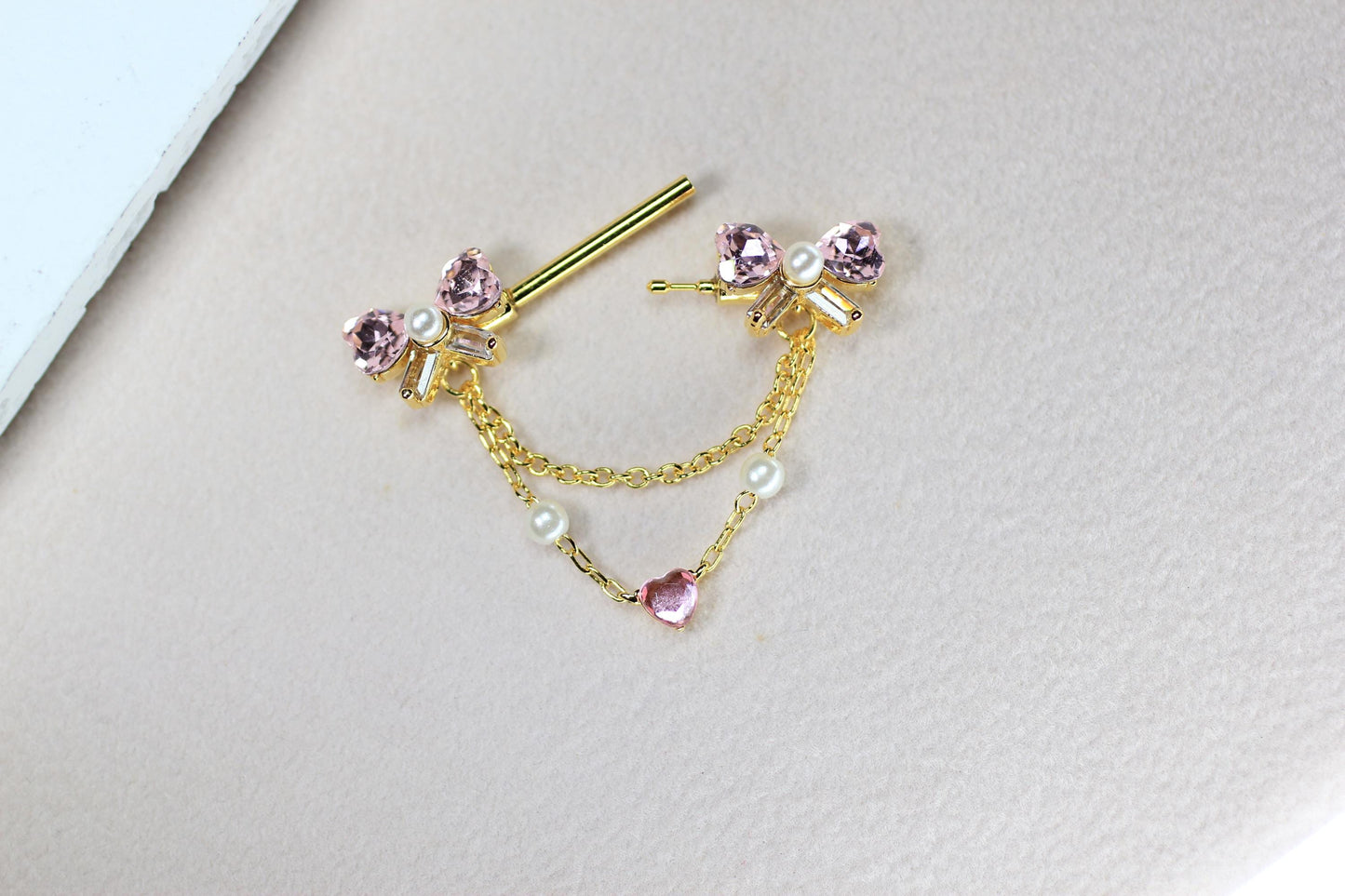 14g Gold Dangling Nipple Barbell, Bow Heart Drop Dangle Push In Nipple Piercing, Surgical Steel Body Jewelry.