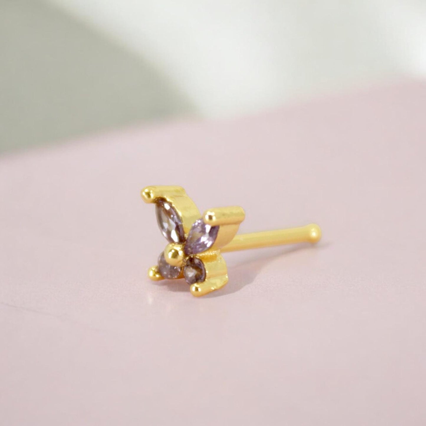 Dainty Butterfly Nose Stud, Purple Gemstone Nose Stud Ring, 20g Nose Piercing Jewelry, Gold Nose Hoop Stud Ring