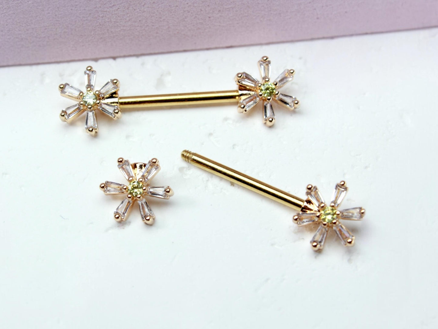 Gold Daisy Nipple Barbell, 14G Dainty Floral Nipple Ring, Set of 2 Baguette Nipple Piercing Body Jewelry