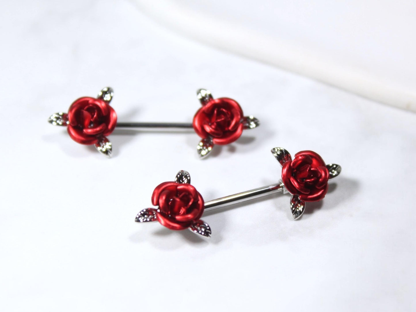 14G Red Rose Nipple Barbell – Pair of Floral Rose Nipple Rings, Surgical Steel Nipple Piercing Jewelry.