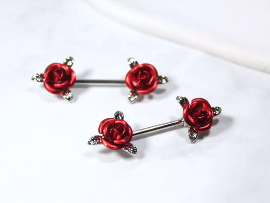 14G Red Rose Nipple Barbell – Pair of Floral Rose Nipple Rings, Surgical Steel Nipple Piercing Jewelry.