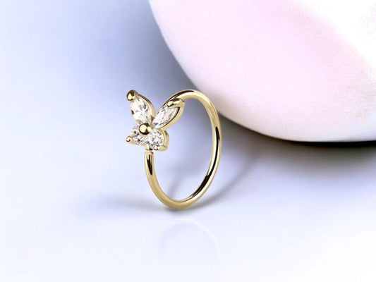 14K Gold Butterfly Nose Ring, 20g Dainty Crystal Butterfly Nose Hoop Ring Jewelry, Bendable Nose Piercing Jewelry, Solid Gold Jewelry,