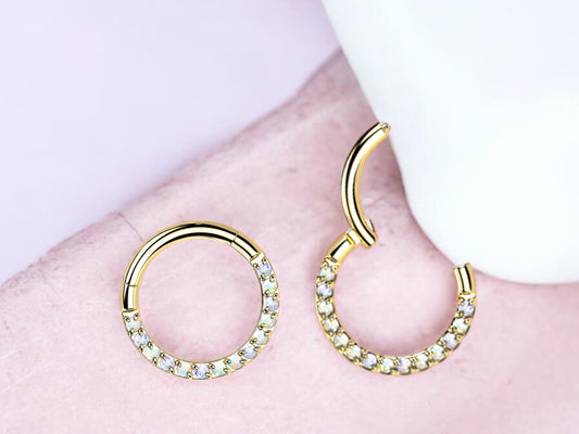 Titanium Septum Clicker Ring, 16g Dainty Gold Septum Hoop Ring, Opal Gem Hinged Segment Septum Piercing Jewelry, Nose Piercing Jewelry
