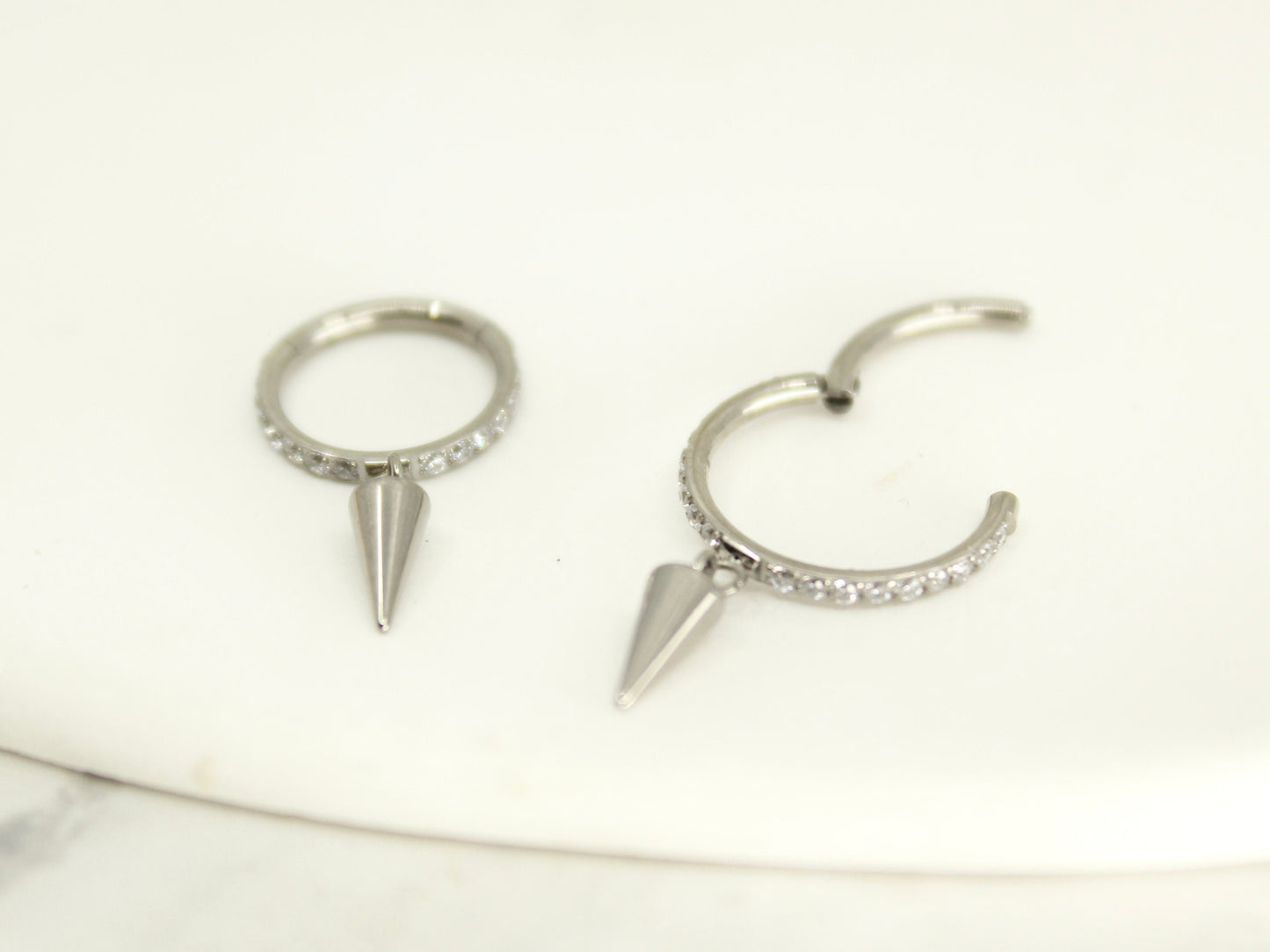 Silver Spike Dangle Hoop Ring, CZ Conch Hoop Clicker Ring, Conch Piercing Hoop Ring, Titanium Septum Daith Cartilage Piercing Earring