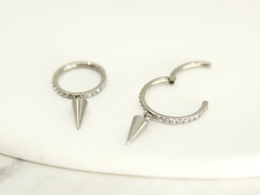 Silver Spike Dangle Hoop Ring, CZ Conch Hoop Clicker Ring, Conch Piercing Hoop Ring, Titanium Septum Daith Cartilage Piercing Earring