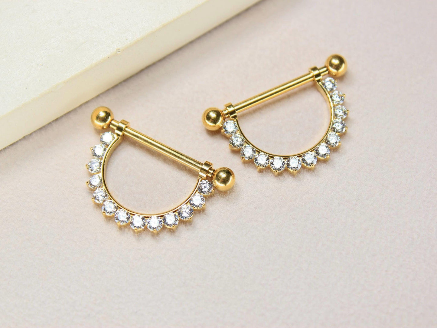 14G Titanium Nipple Barbell, Internally Threaded Gold Dangling Nipple Ring Piercing, Pair of Sparkling CZ Nipple Ring Body Jewelry