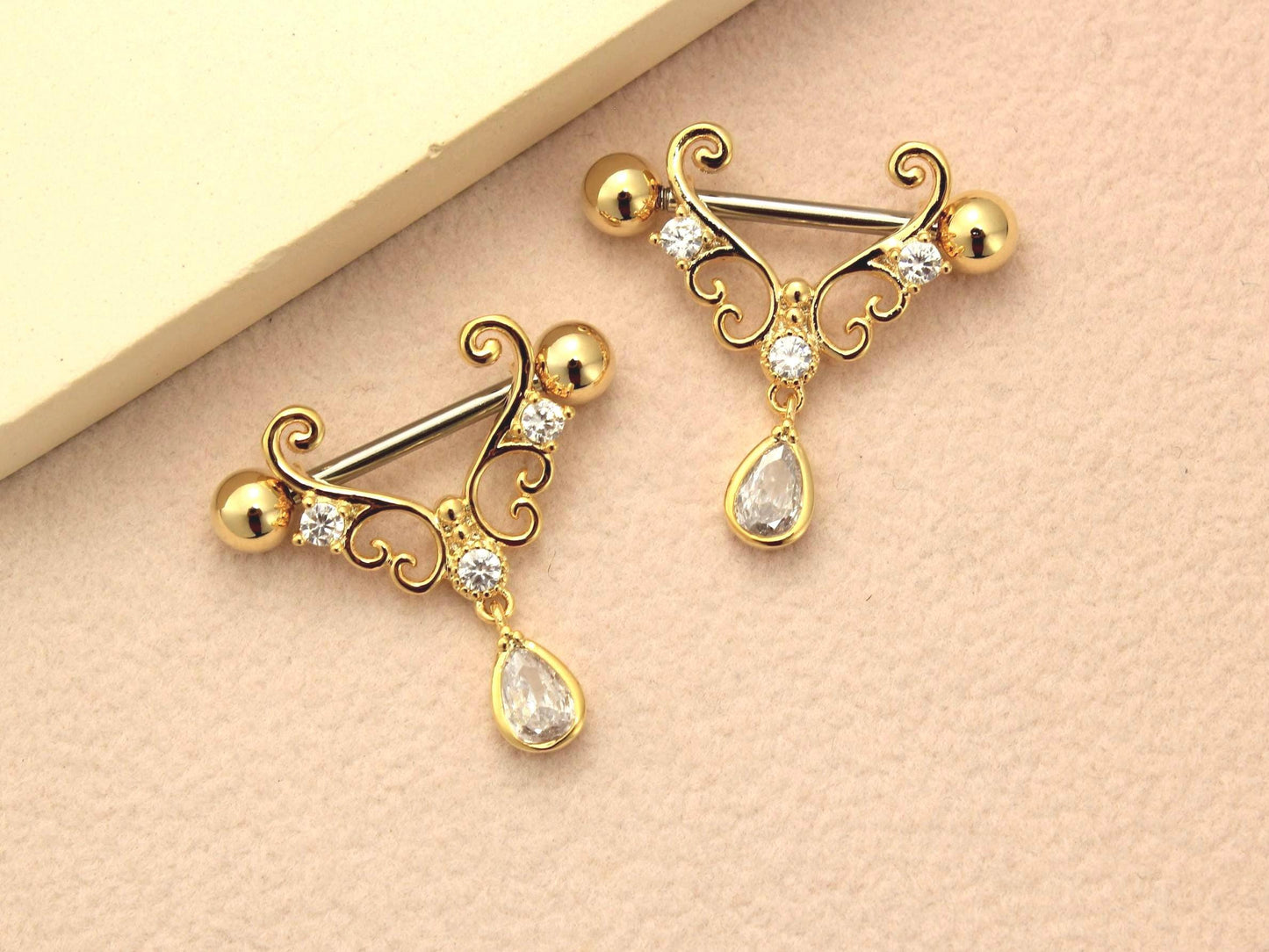 Gold Nipple Barbell Sheild, 14g Dangling Teardrop Heart Nipple Ring Jewelry , Pair of 2  Nipple Piercing, Gold Body Jewelry