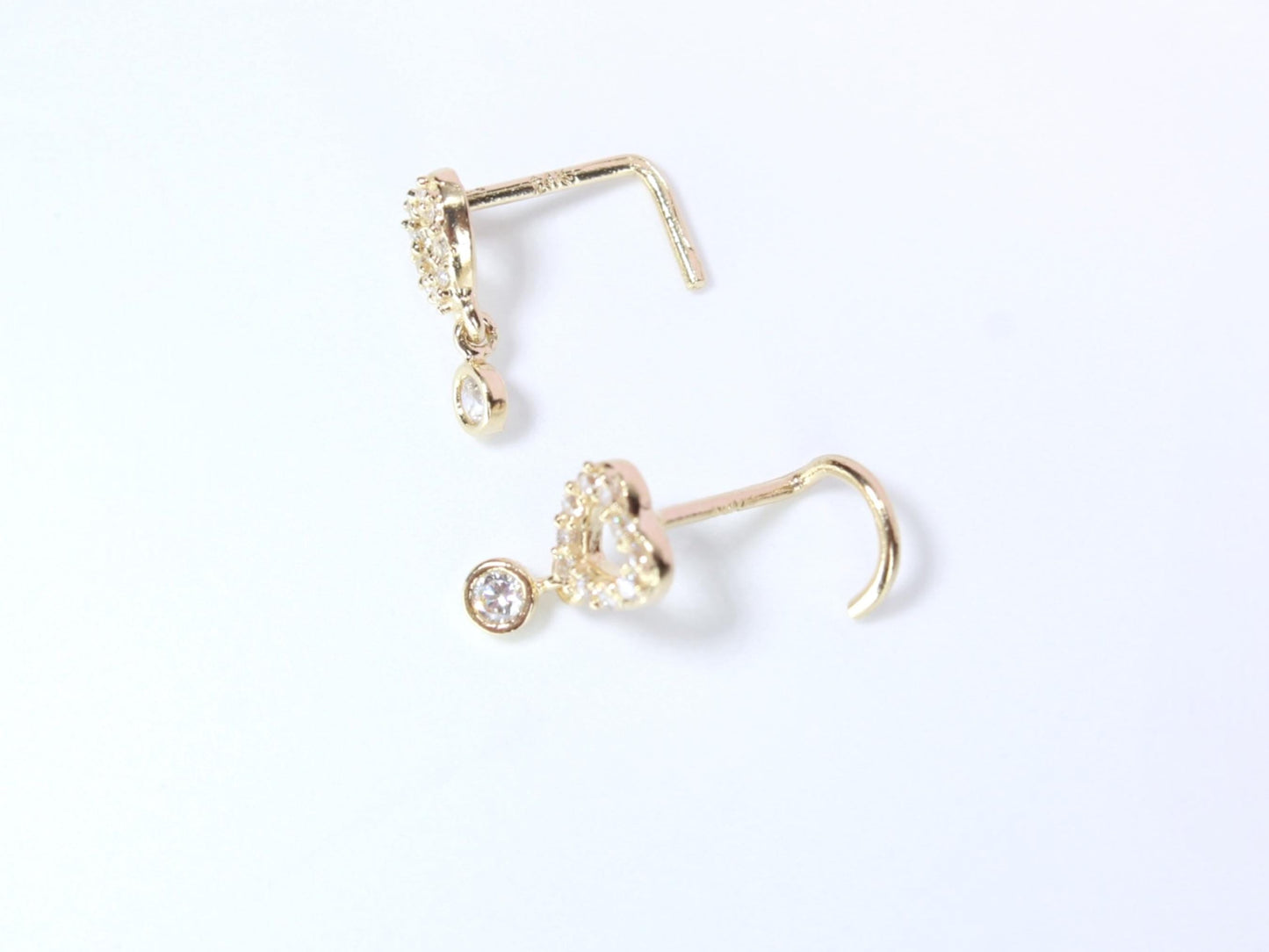 14K Gold Heart Nose Stud, 20g Dainty Dangling Gem L Shape Corkscrew Nose Stud, Gold Nose Jewelry, L Bend Screw Nose Piercing Stud Ring