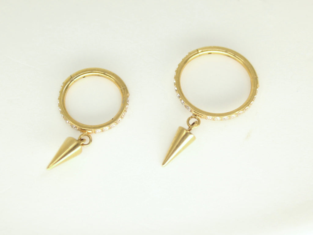Gold Spike Dangle Hoop Ring, CZ Conch Hoop Clicker Ring, Conch Piercing Hoop Ring, Titanium Septum Daith Cartilage Piercing Earring