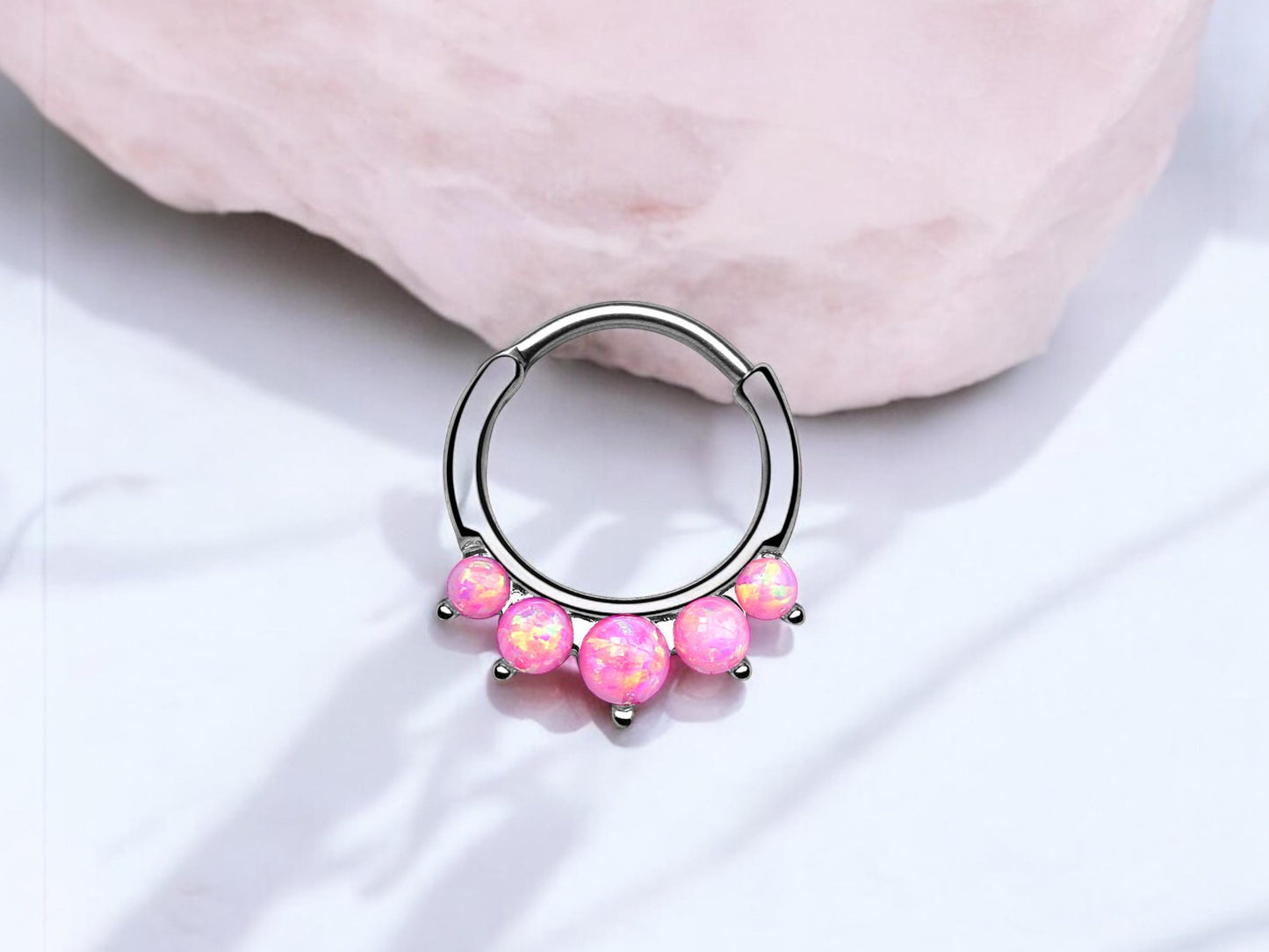 16g Pink Opal Front Dainty Septum Hoop Ring, Silver Nose Piercing Ring, Hinged Septum Clicker Nose Jewelry, Nose Piercing Jewelry