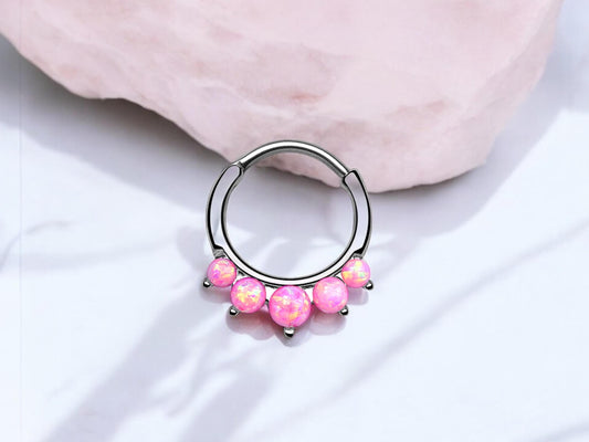 16g Pink Opal Front Dainty Septum Hoop Ring, Silver Nose Piercing Ring, Hinged Septum Clicker Nose Jewelry, Nose Piercing Jewelry