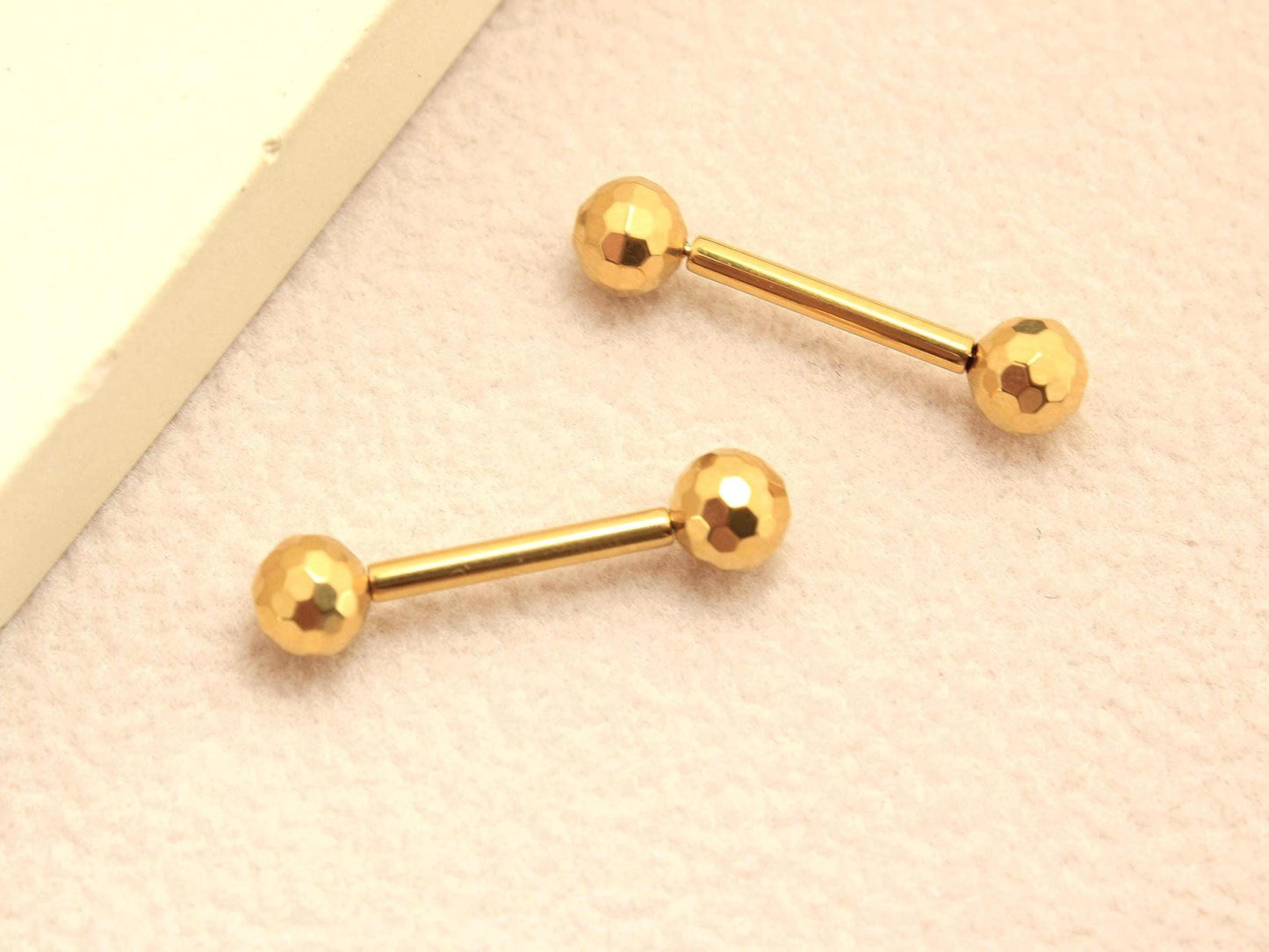 Implant Grade Titanium Gold Disco Ball Nipple Barbell, Pair of Threadless Push In Nipple Ring Jewelry