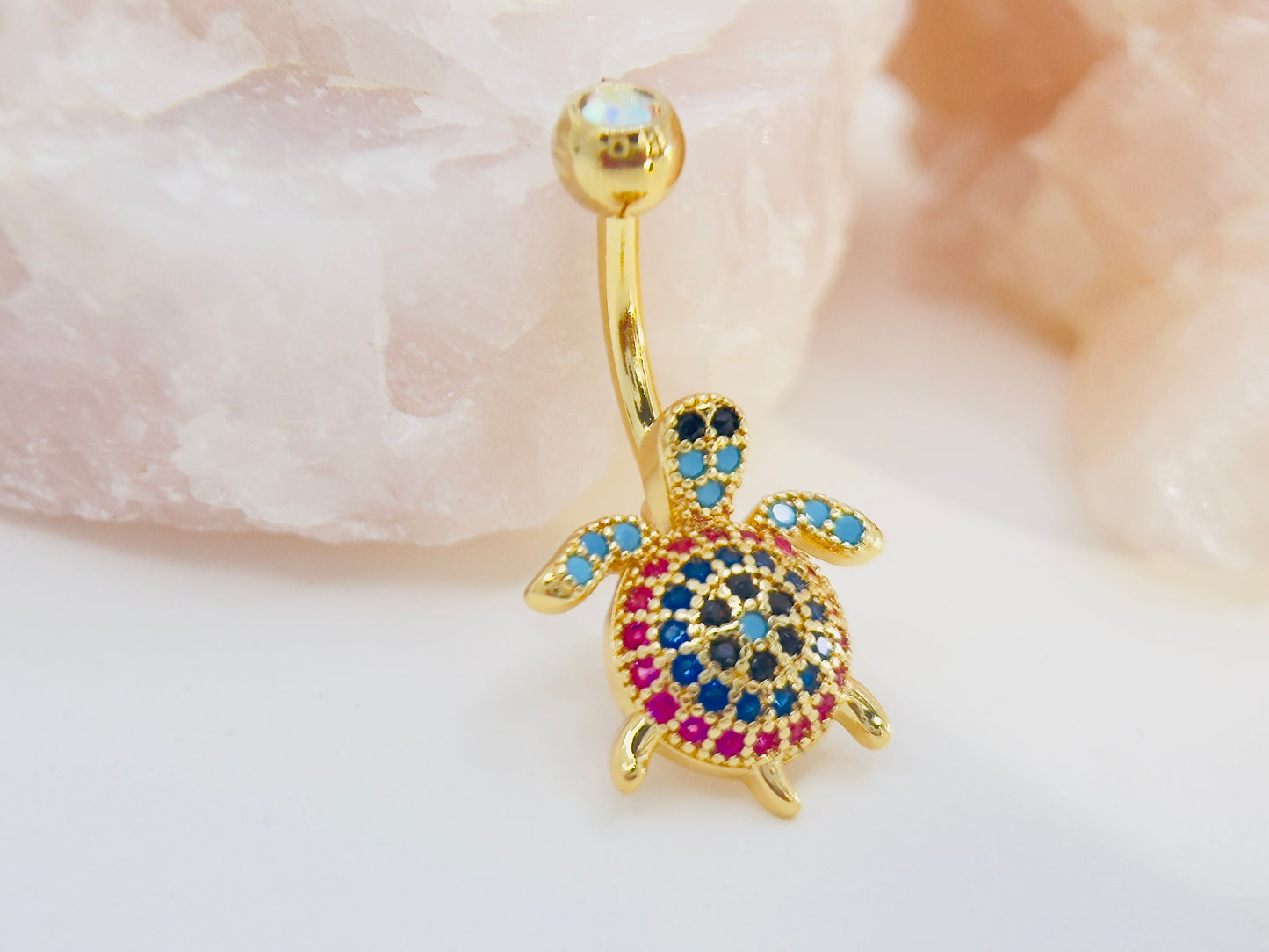 14G Turtle Belly Button Ring – Multicolor Stone Beach Navel Jewelry