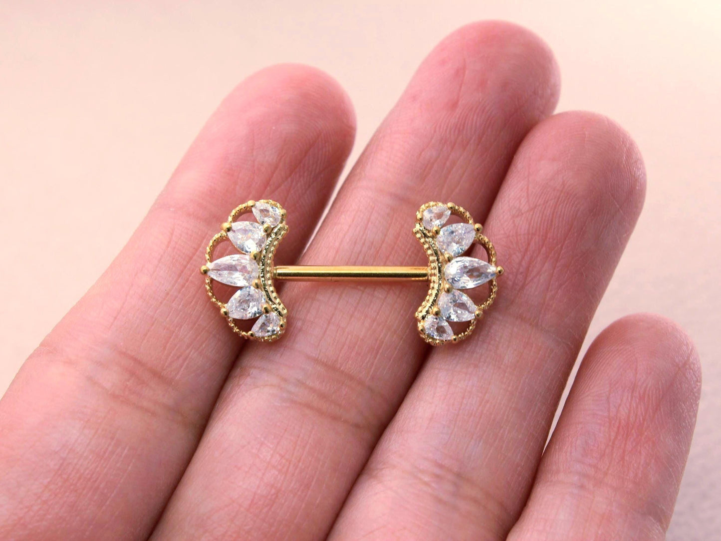 14g Gold Nipple Barbell, CZ Paved Floral Petal Leaf Nipple Ring Jewelry, Pair of Leaf Nipple Piercing Jewelry, Gold Body Piercing Jewelry