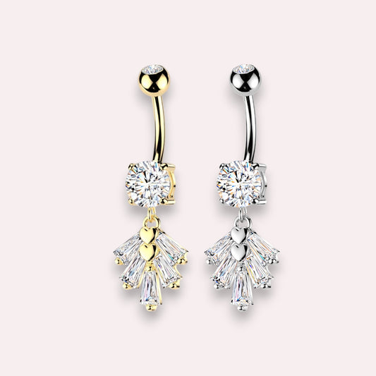 Gold Baguette Gem Dangling Belly Button Ring.