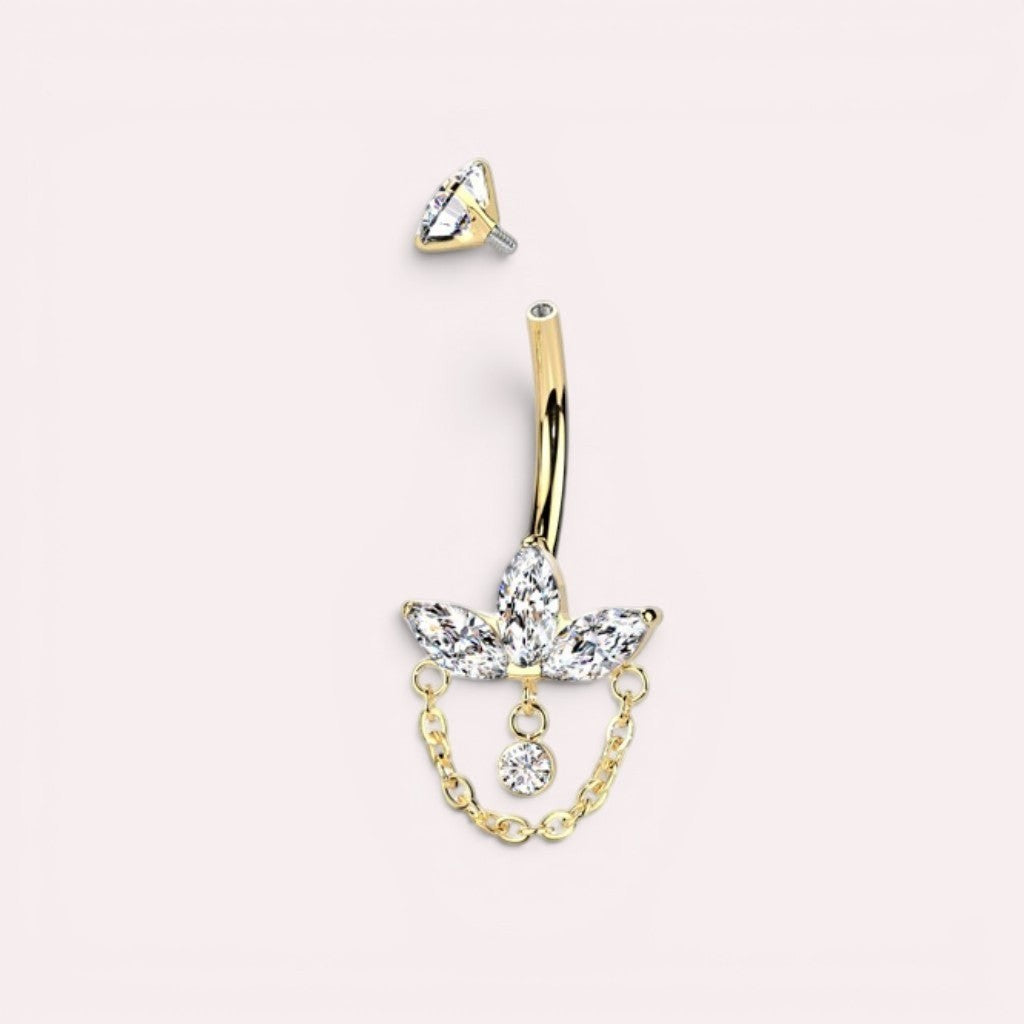14g Titanium Gold Belly Ring, Dainty Floral Marquise Gem Dangle Chain Navel Piercing Ring.