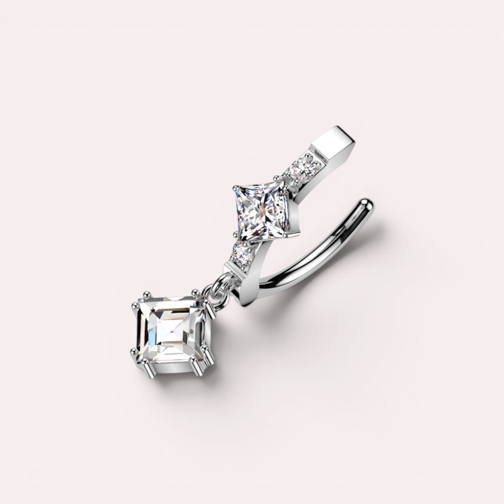 MKBodyJewelry 14g surgical steel belly button ring with sparkling CZ stones and a dangling square-cut gem.