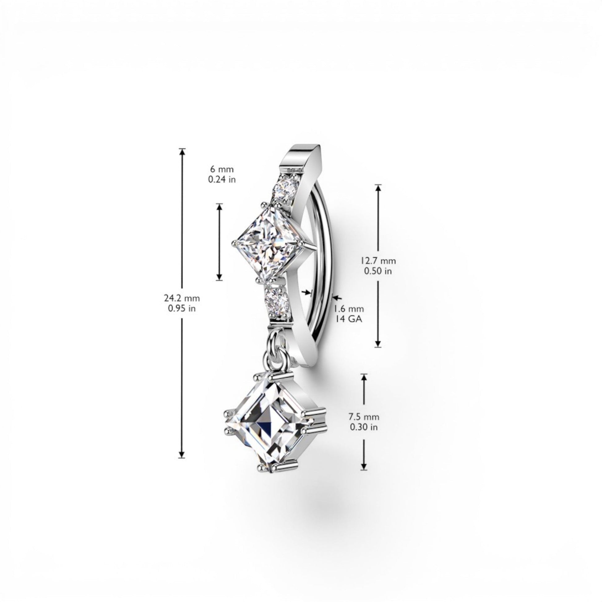 MKBodyJewelry 14g silver surgical steel belly ring with dangling square CZ stones. Allergy-free metal.