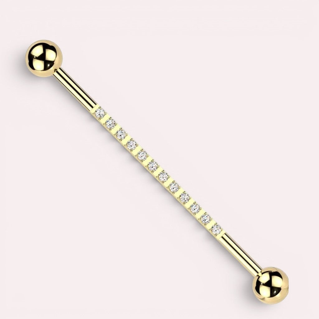 MKBodyJewelry 14G gold titanium industrial barbell with clear CZ stones, 35mm length, 5mm balls.