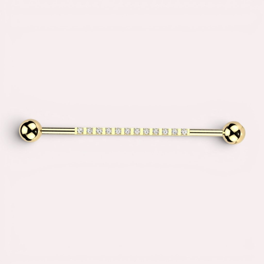 MKBodyJewelry 14G gold titanium industrial barbell with clear CZ stones, 35mm length, 5mm balls.