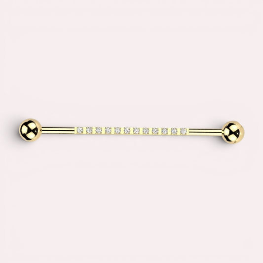 MKBodyJewelry 14G gold titanium industrial barbell with clear CZ stones, 35mm length, 5mm balls.