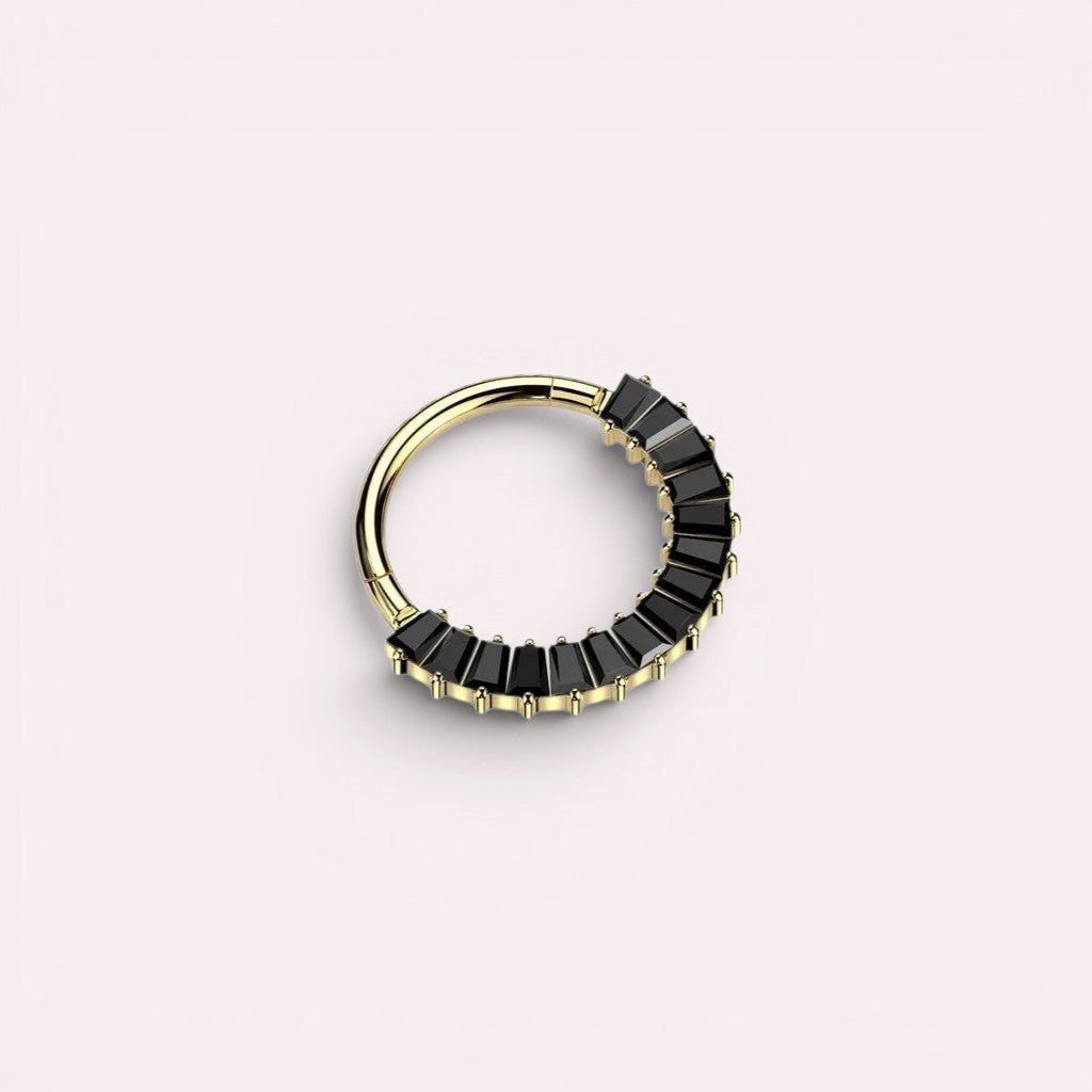 MKBodyJewelry hinged segment hoop rings with baguette-cut stones in various metal finishes for ear and septum piercings.