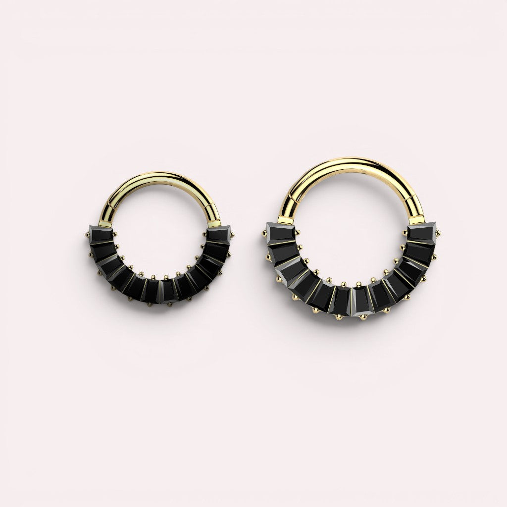 MKBodyJewelry segmented hoop rings with baguette-cut stones in various metal finishes for septum and cartilage piercings