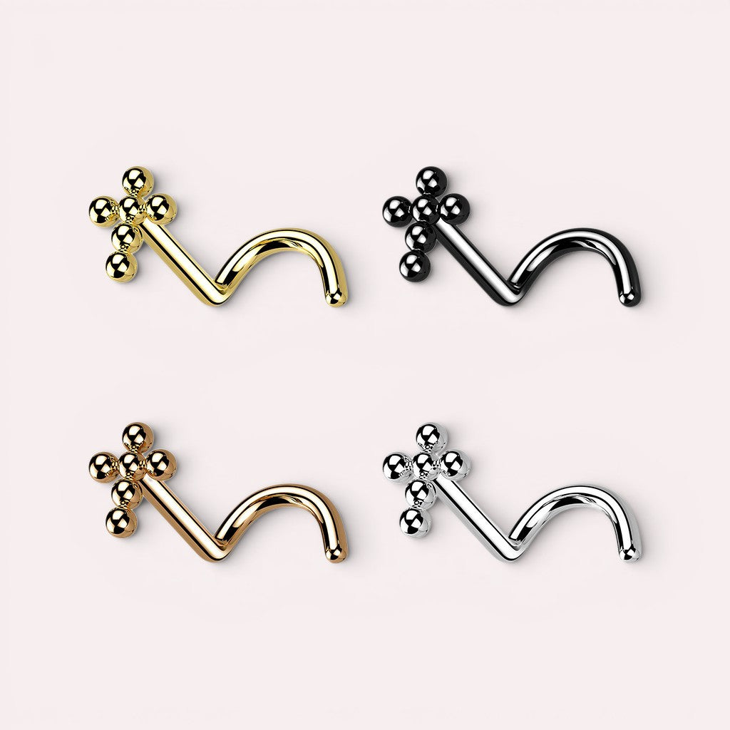 MKBodyJewelry titanium beaded cross corkscrew nose studs in gold, black, rose gold, and silver finishes.