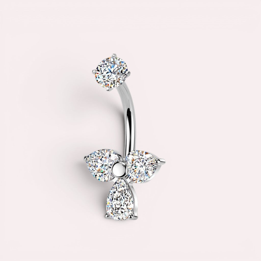 MKBodyJewelry silver-tone surgical stainless steel belly button ring with floral cubic zirconia gems