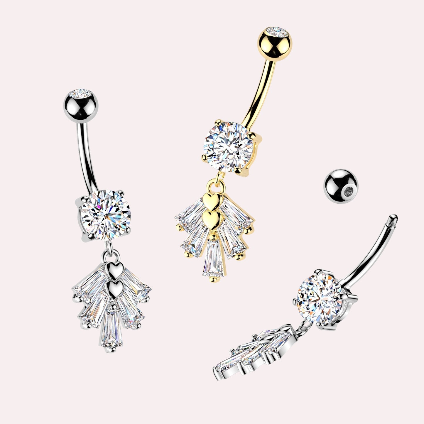 MKBodyJewelry gold-tone and silver-tone belly button ring with heart and baguette gems. Surgical stainless steel navel jewelry.