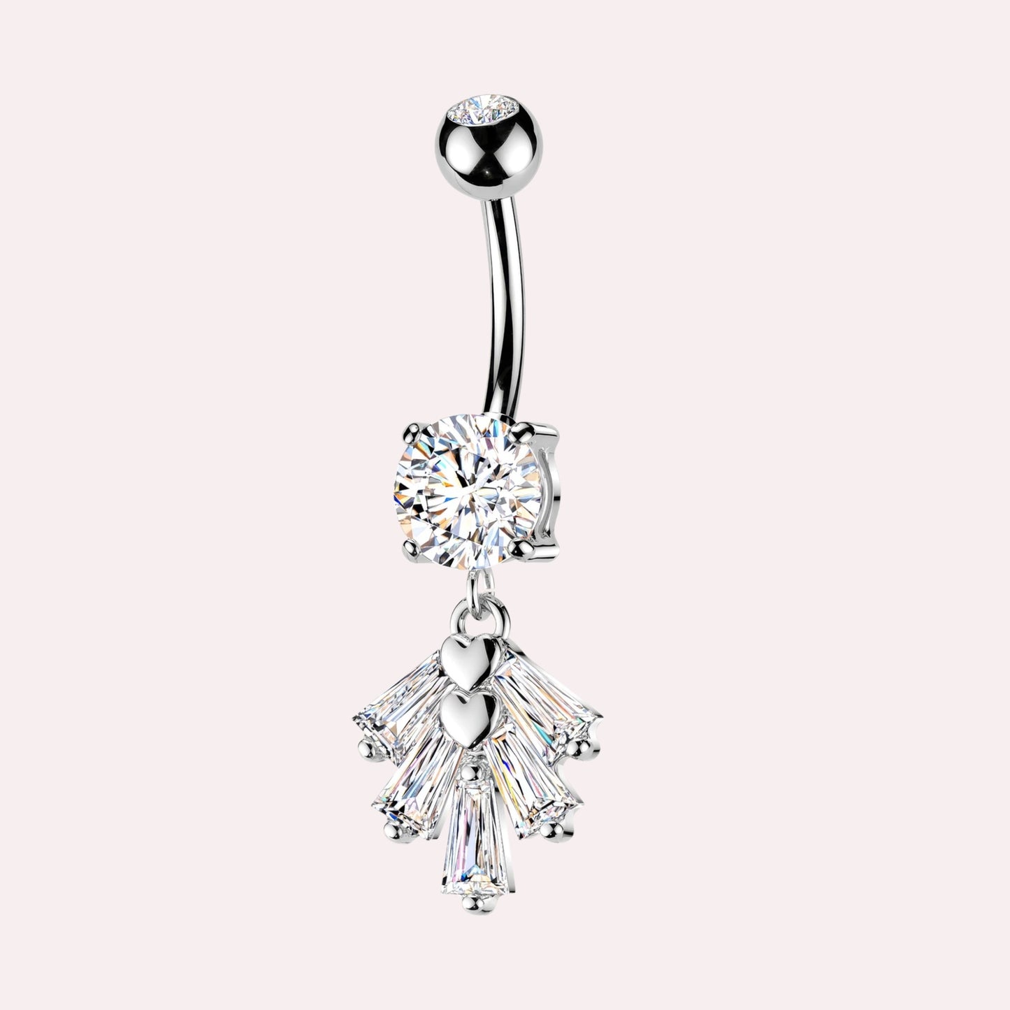 MKBodyJewelry silver-tone belly button ring with large cubic zirconia and dangling heart & baguette gem charm