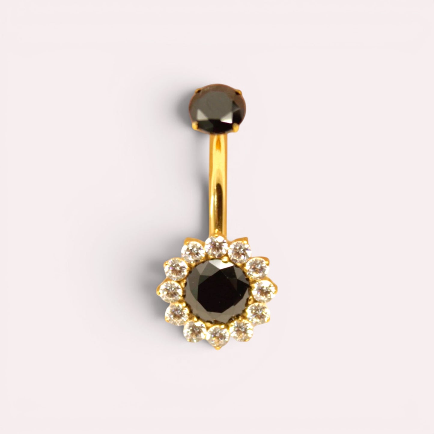 MKBodyJewelry 14g titanium belly button ring featuring a black floral gemstone design with clear crystal accents