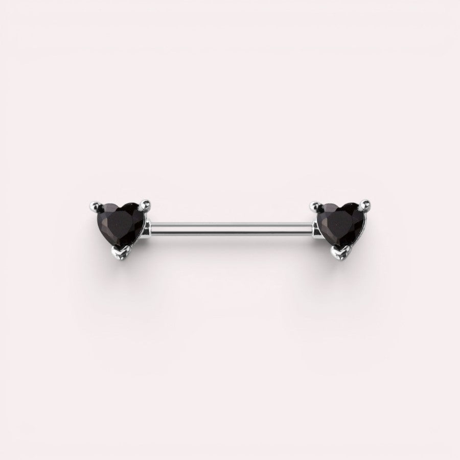 MKBodyJewelry 14g surgical steel nipple barbell featuring black heart-shaped gems on both ends.