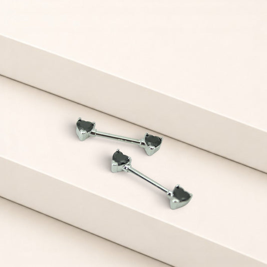 MKBodyJewelry 14g surgical steel nipple barbells featuring black heart-shaped gems, sold as a pair.
