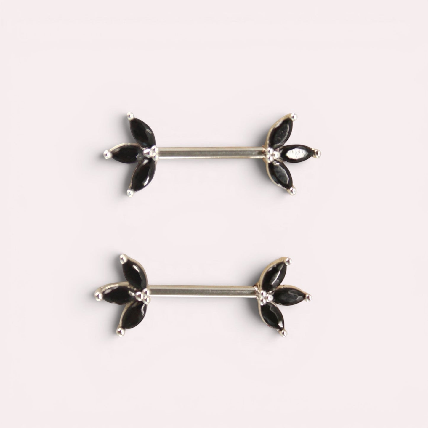 MKBodyJewelry Black marquise leaf nipple barbells, surgical steel, 14g. Sold as a pair.