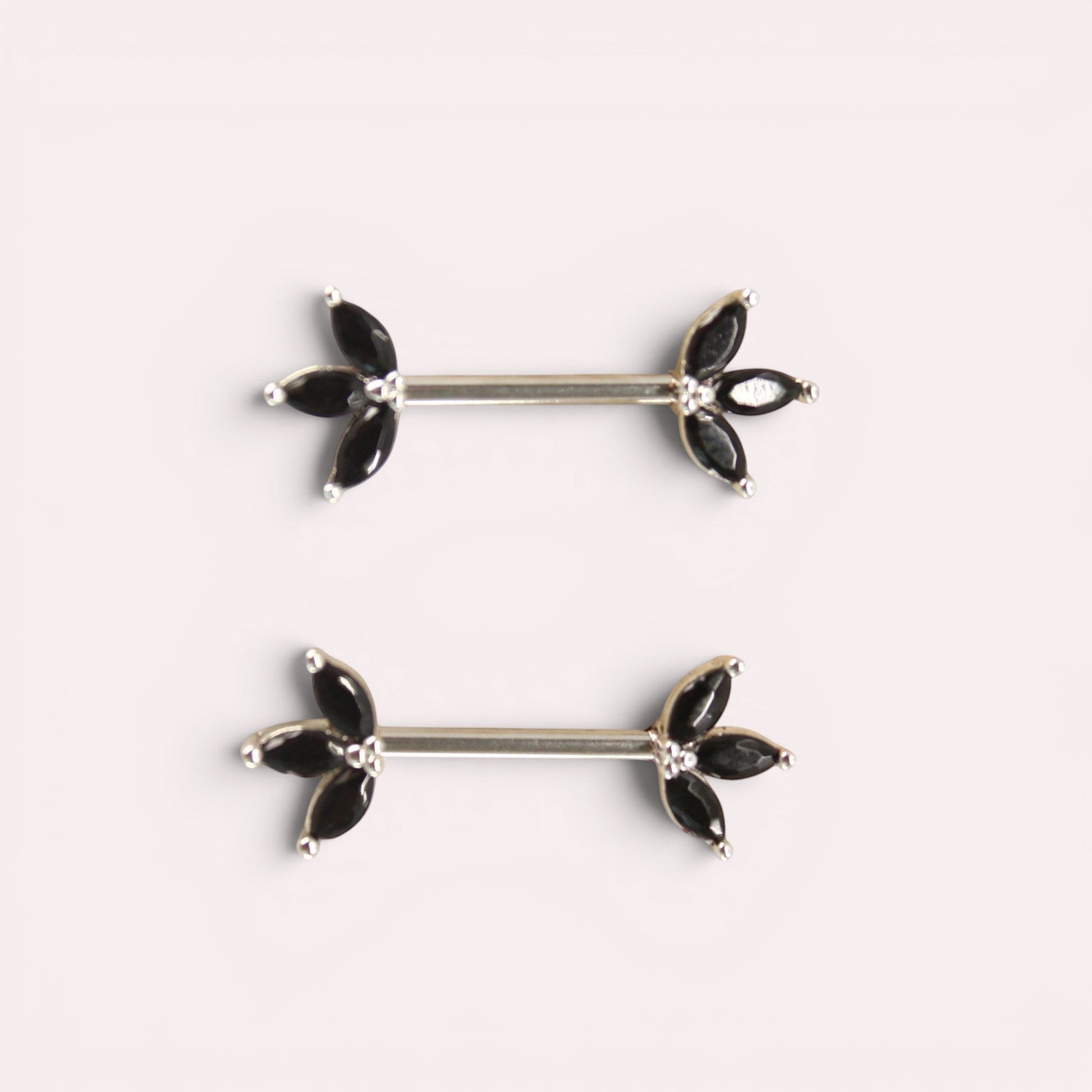 MKBodyJewelry Black marquise leaf nipple barbells, surgical steel, 14g. Sold as a pair.