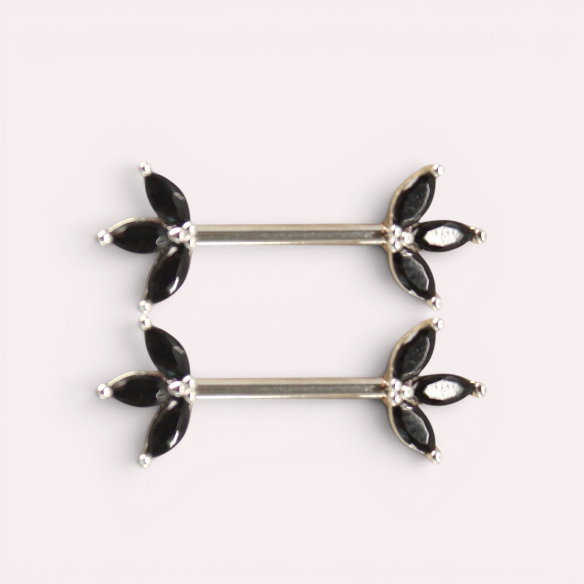 MKBodyJewelry Black marquise leaf nipple barbells made of surgical steel. Set of 2.