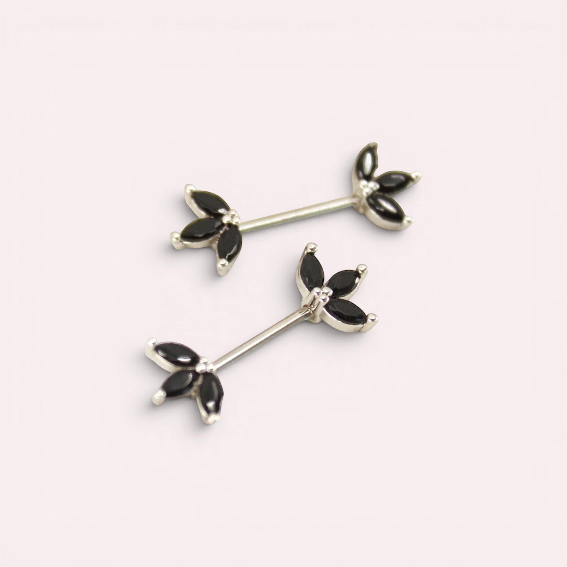 MKBodyJewelry black marquise leaf nipple barbells with black gems, surgical steel, 14g, sold as a pair.