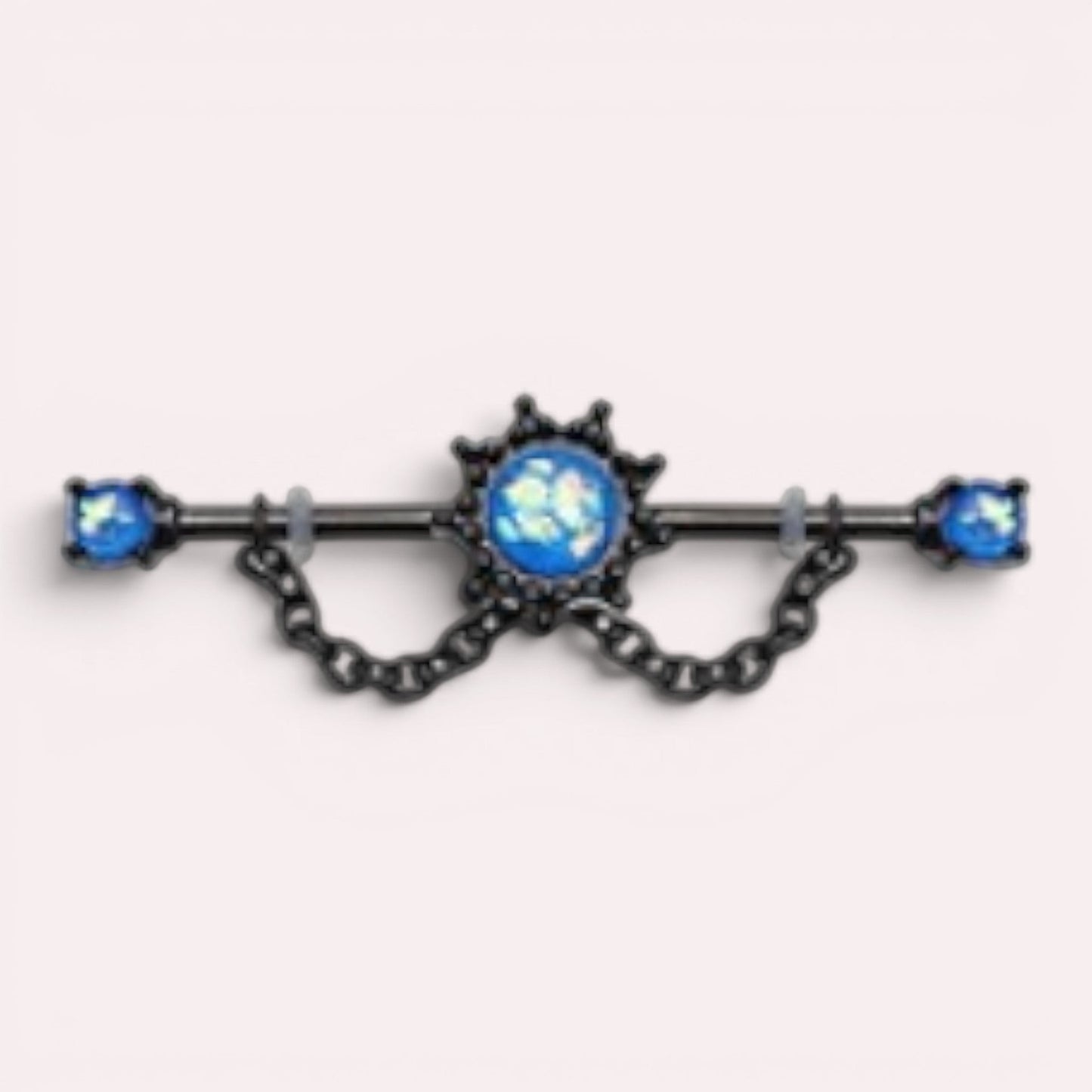 MKBodyJewelry 14G black surgical steel industrial barbell with blue opal star charm and dangling chain detail.