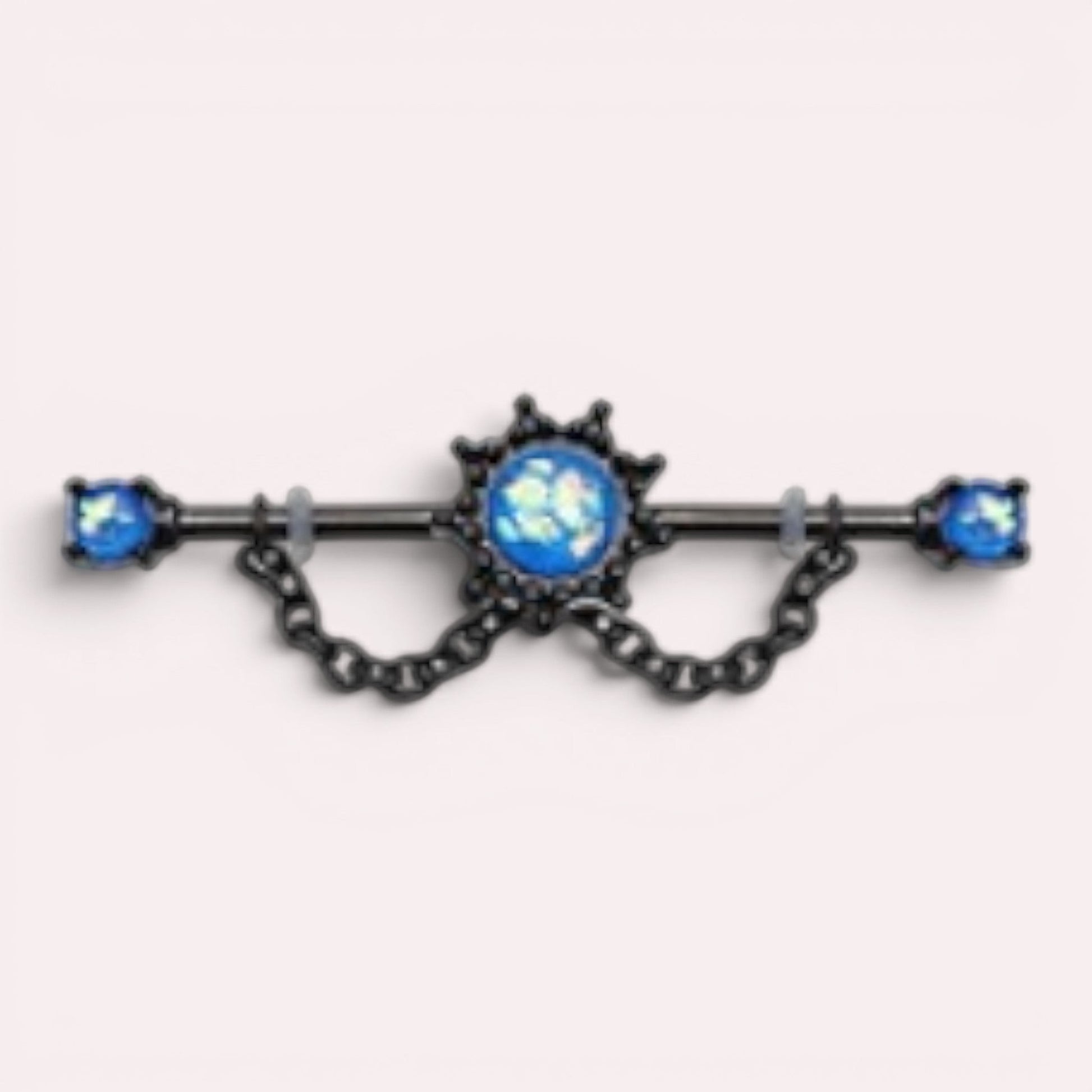 MKBodyJewelry 14G black surgical steel industrial barbell with blue opal star charm and dangling chain detail.