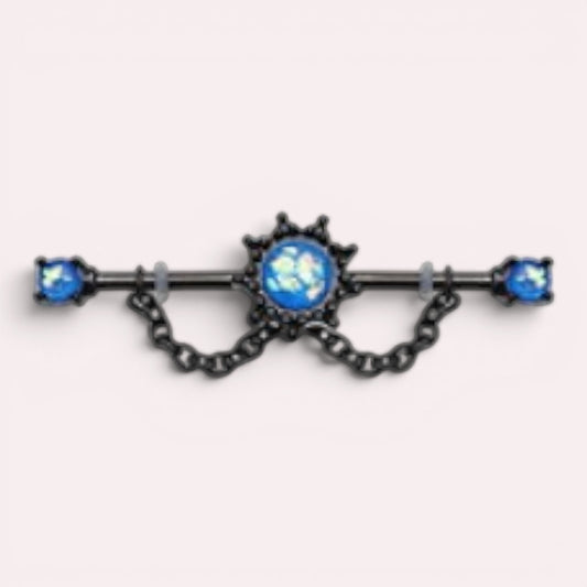 MKBodyJewelry 14G black surgical steel industrial barbell with blue opal star charm and dangling chain detail.