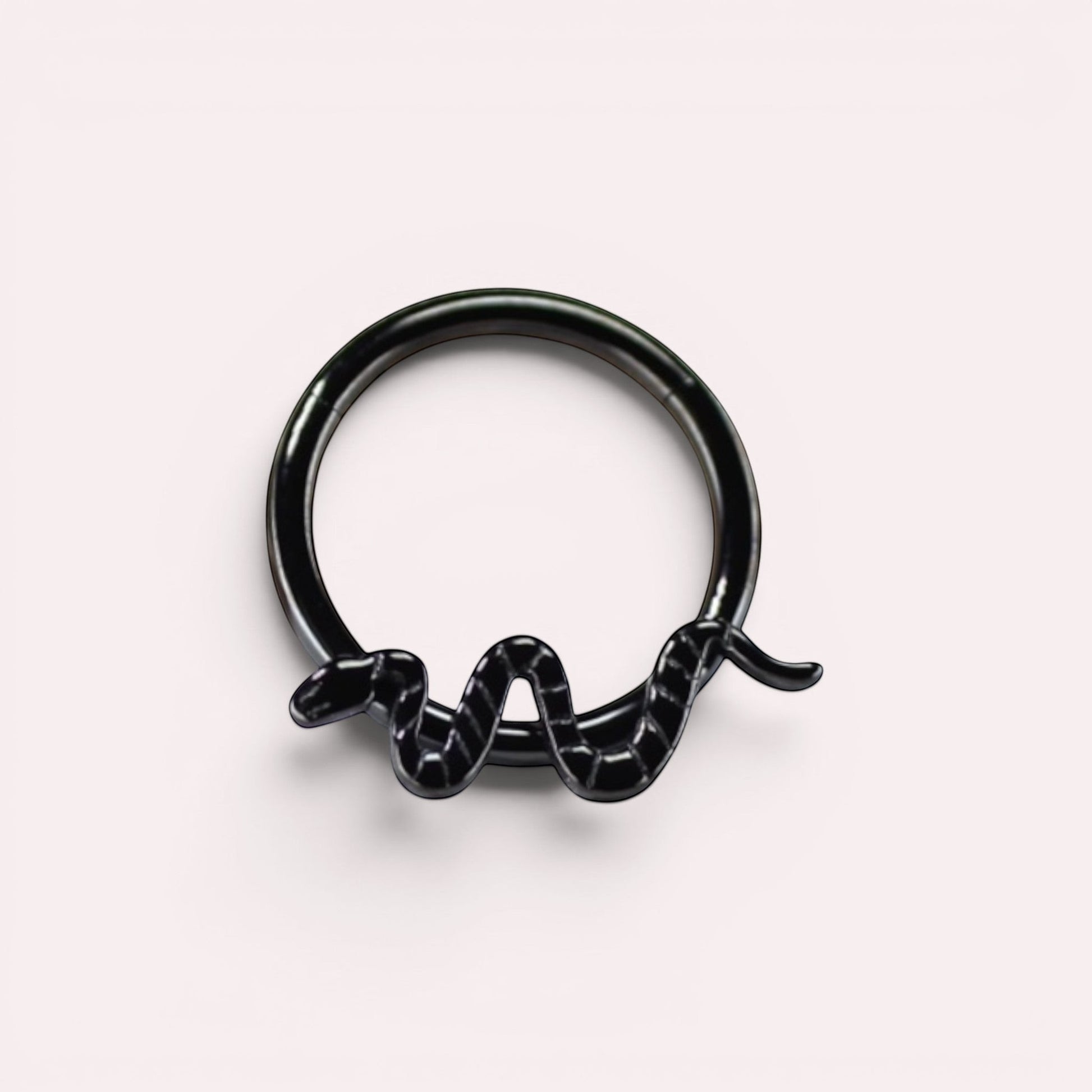 MKBodyJewelry 16g black titanium snake septum clicker ring with a minimalist hinged hoop design.